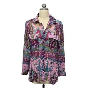 ALBERTO MAKALI Womens Med Pink Paisley Long Sleeve Button Down Shirt‎ Blouse